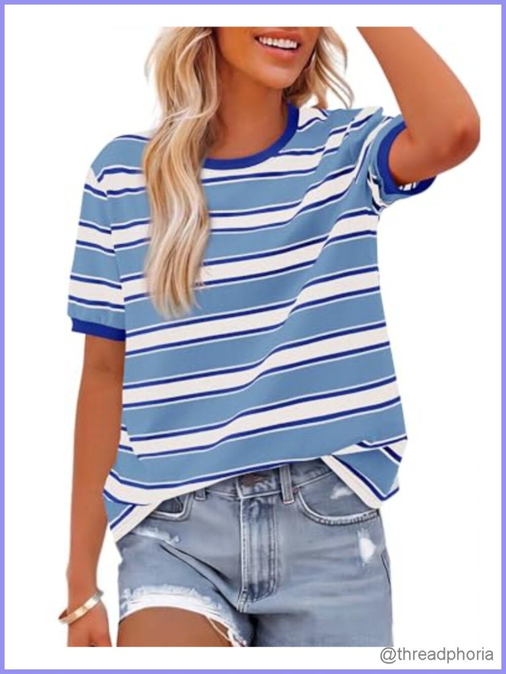 Women's Short Sleeve Striped Crew Neck Loose Fit Cotton T-Shirt